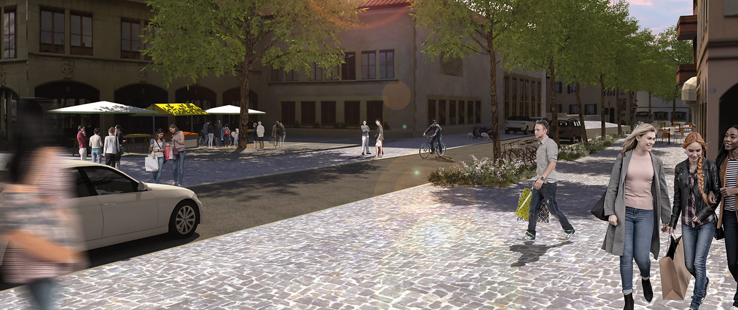 Vue du début de la Rue de la Poste, côté Prieuré, en simulation 3D